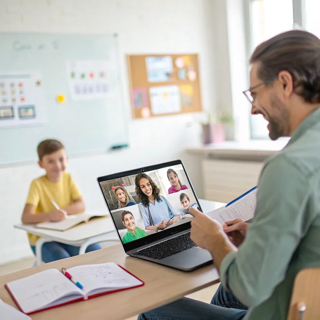Teacher conducting an online class